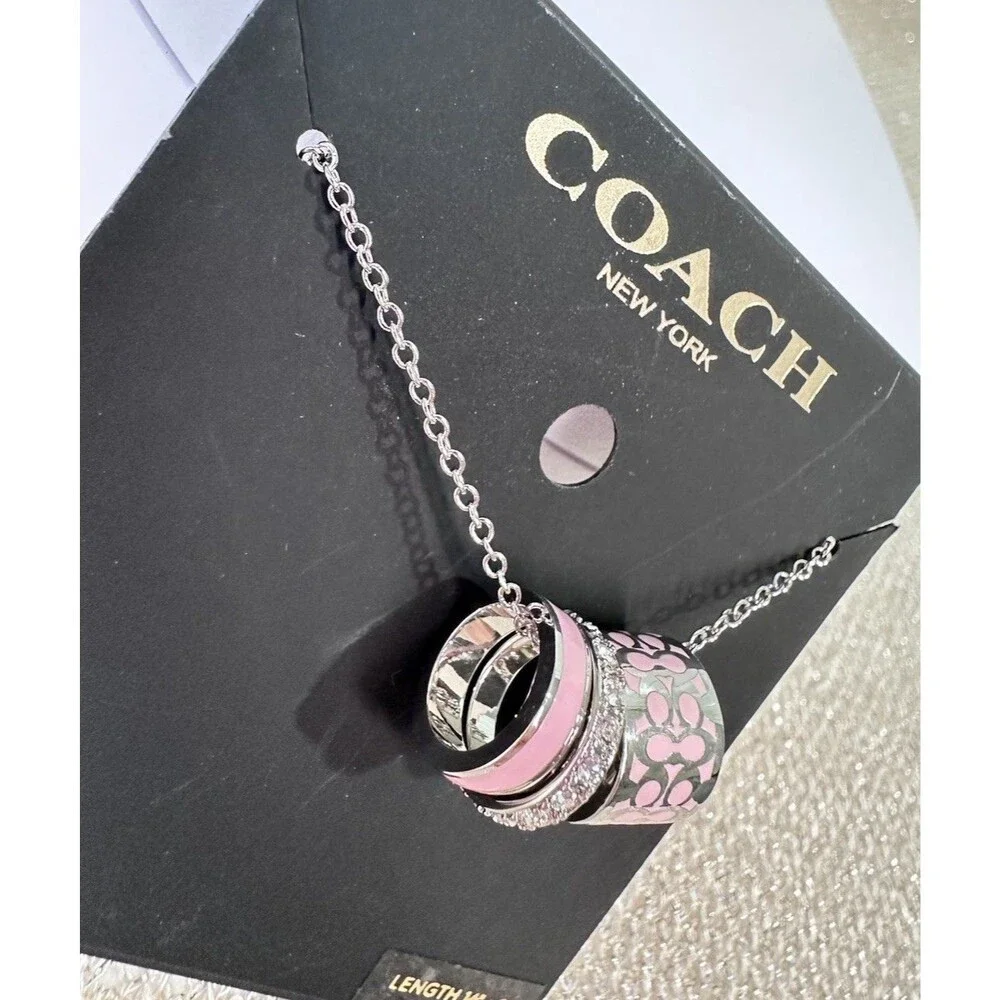 Coach Silver Signature Rondell 3 Ring Necklace Pink Enamel 16” + 2”